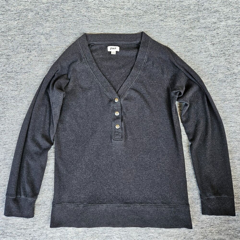 Pact Sweater Women's Large Gray Organic Cotton Henley V Neck Pullover EUC